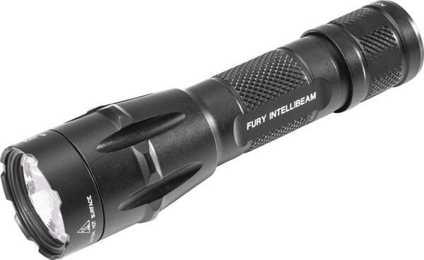 Black tactical flashlight with textured grip