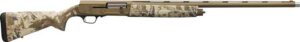Camo-patterned shotgun with long barrel, right view.