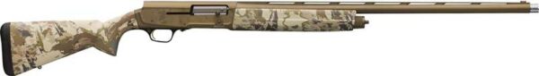 Camo-patterned shotgun with long barrel, right view.