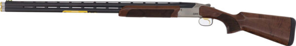 Over-under shotgun with wooden stock and silver receiver.