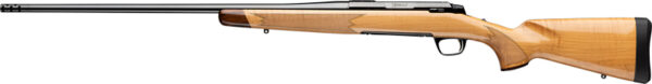 Wooden hunting rifle with a long barrel.