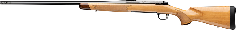 Wooden hunting rifle with a long barrel.