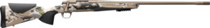 Camouflage hunting rifle with scope rail.