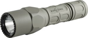Gray tactical flashlight with textured grip