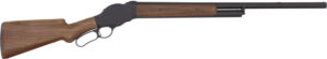 Lever-action shotgun, wooden stock and black barrel.
