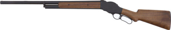 Pump-action shotgun with wooden stock and black barrel.