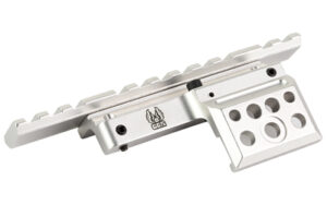 Silver scope mount with rail attachment holes.