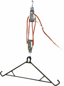 Pulley system with orange rope and metal hook