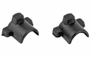Two black plastic pipe clamps for secure fastening.