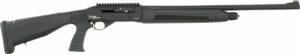 Black semi-automatic shotgun, side view.