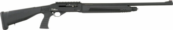Black semi-automatic shotgun, side view.
