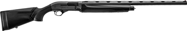 Black semi-automatic shotgun with long barrel profile.