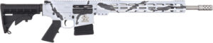 White and black camo-patterned rifle on display.