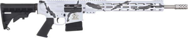 White and black camo-patterned rifle on display.