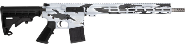 Camouflage-patterned rifle with black and white design.