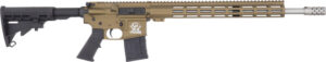 Tan and black tactical rifle with scope mount.
