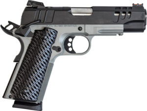 Gray and black semi-automatic pistol with textured grip.