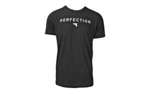 Black t-shirt with 'Perfection' and pistol logo
