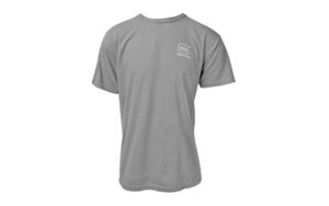 Gray t-shirt with logo on chest.