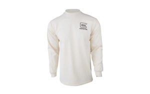 White long-sleeve shirt with logo on chest.