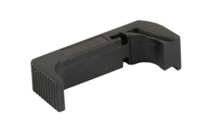 Black plastic component with grooves and hook shape.