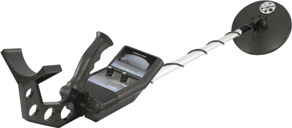 Handheld metal detector on a white background.