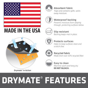 Drymate features: absorbent, waterproof, slip resistant, recycled.