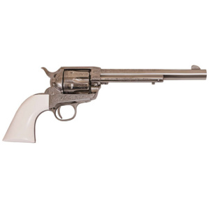 Vintage revolver with ornate engravings and white grip