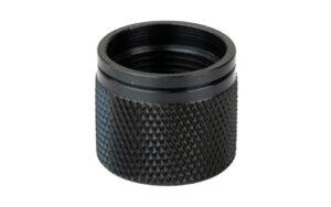 Black threaded metal cap with textured grip