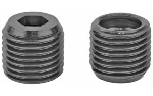 Two threaded metal plugs with hexagonal holes