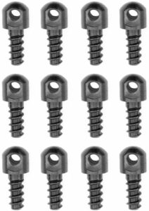 Twelve metal screws with looped ends, arranged vertically.