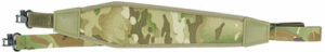 Camouflage rifle sling with adjustable straps.