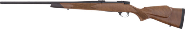 Wooden hunting rifle with black barrel.
