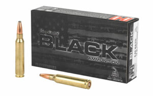 Hornady Black ammunition box with two bullets.