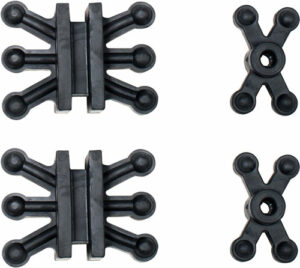 Rubber vibration isolation mounts with X-shaped design.