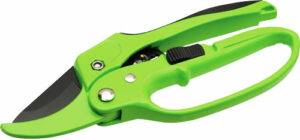 Green garden pruning shears for trimming plants.