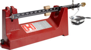 Red reloading scale with black beam and pan.