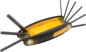 Foldable hex key set with multiple sizes.