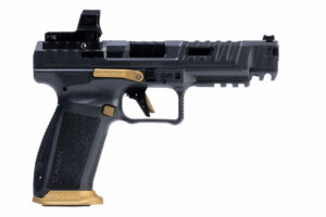Black and gold tactical handgun with red dot sight.