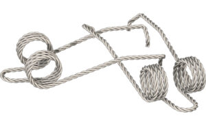 Intricate twisted rope structure on white background.