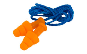 Blue corded orange earplugs for noise reduction.