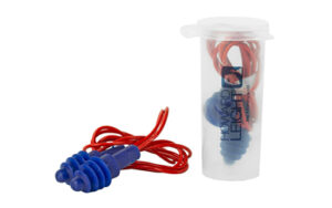 Blue earplugs with red cord and carrying case.