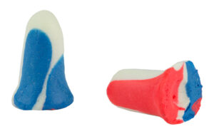 Colorful blue and red earplugs on white background.