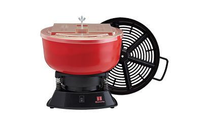 Red industrial tumbler with black lid