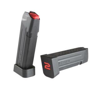 Two black gun magazines with red accents