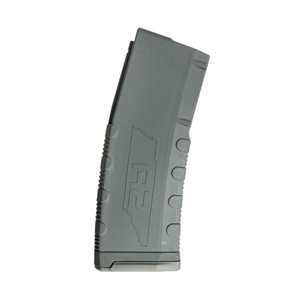 Gray rifle magazine with embossed design.