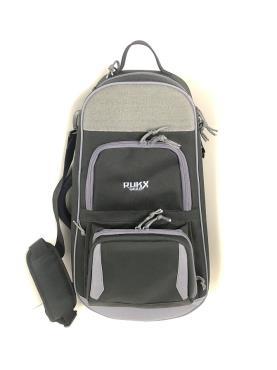 Gray and black multi-pocket backpack with handle