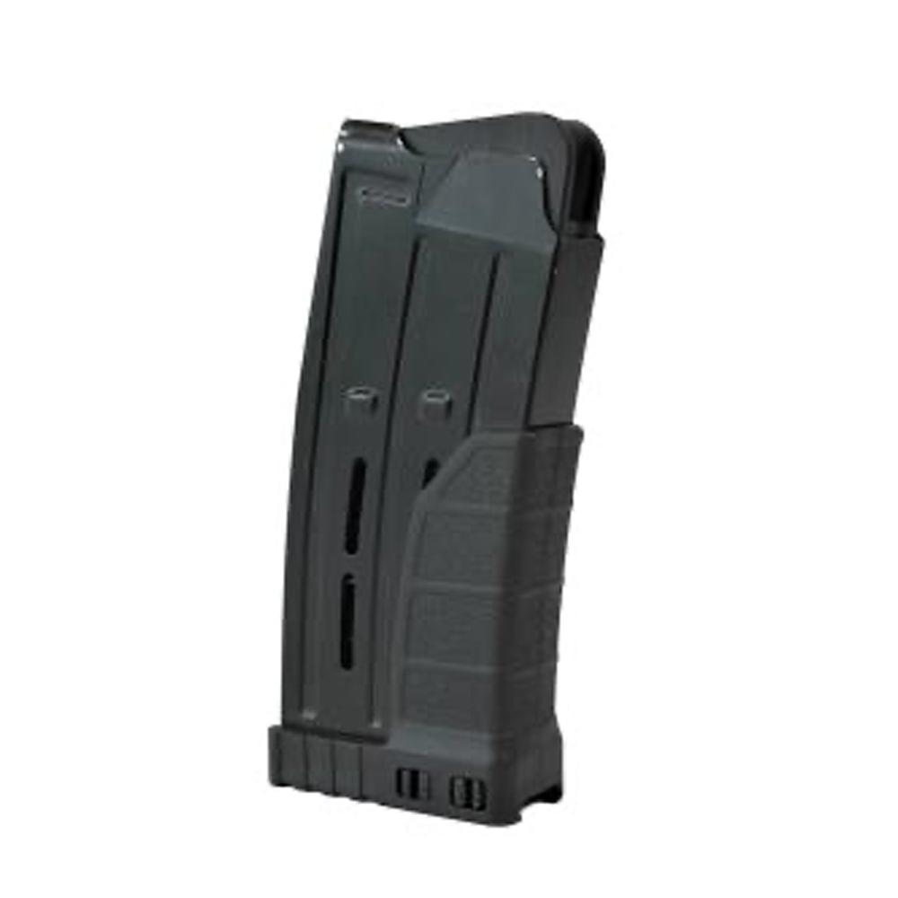 Tactical rifle magazine, black, isolated background.