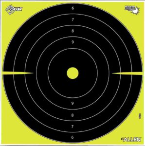 Black bullseye target with numbered rings on yellow background.