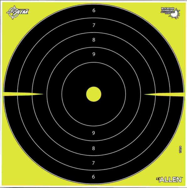 Black bullseye target with numbered rings on yellow background.